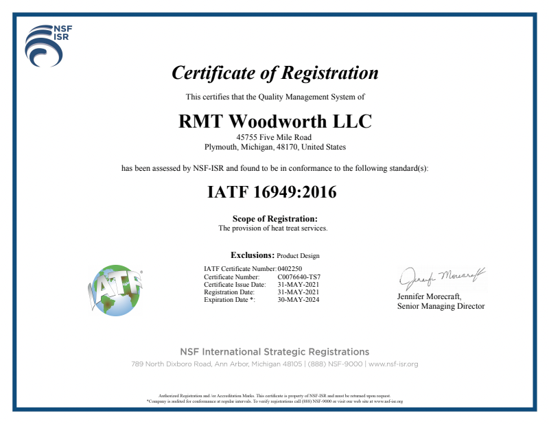 Experienced Heat Treatment Team: Over 50 Years of Expertise | RMT Woodworth - RMT_IATF_Cert